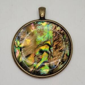 Kenneth Cole Abalone Shell Pendant KC Signed Gold Tone Round 1.25 Necklace Charm